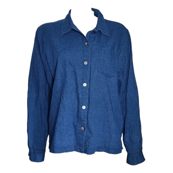 LEMON GRASS Solid All Blue Long Sleeve Button Down Linen Blend Shirt Womens L - Picture 1 of 6